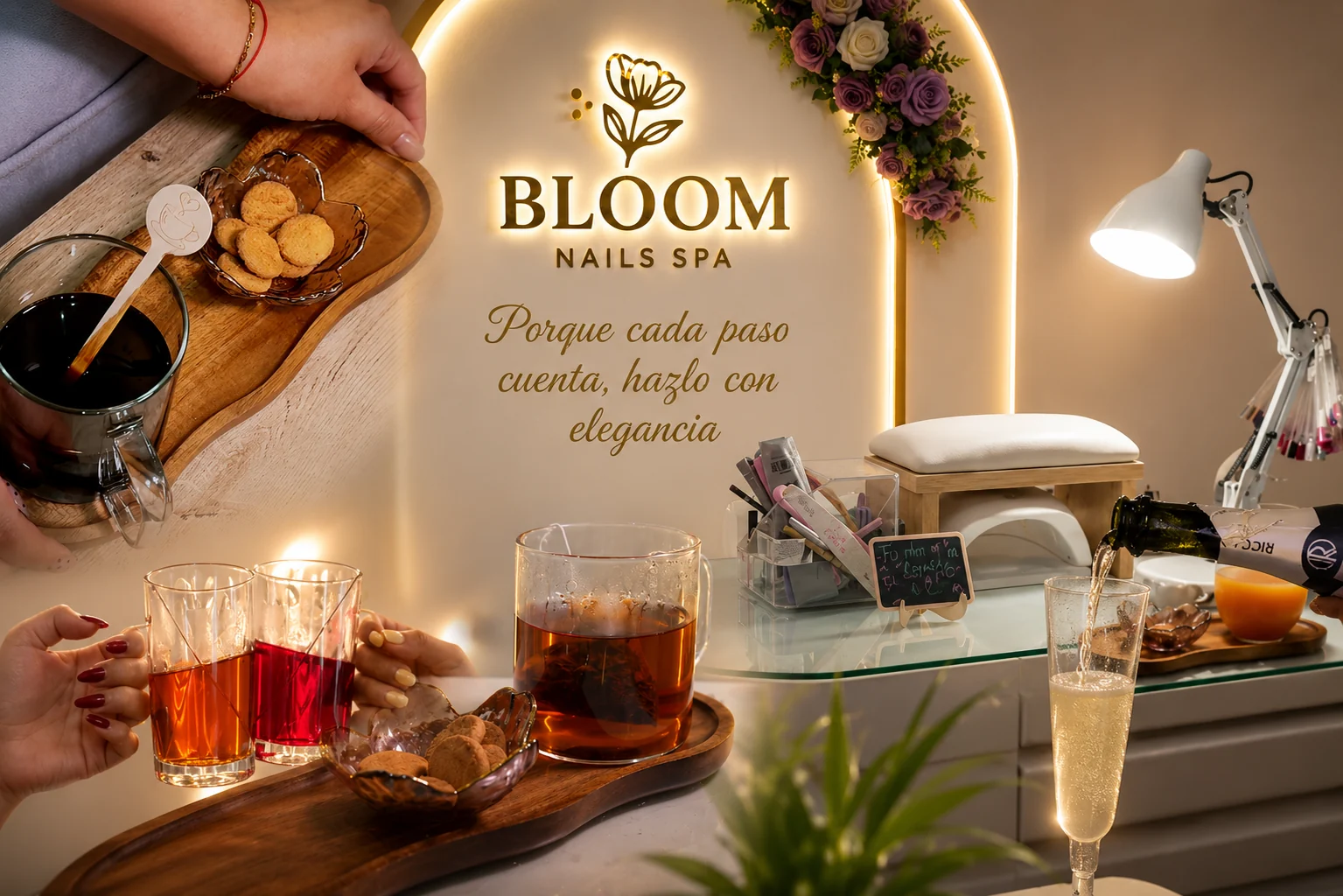 Bloom Nails Spa experience con bebida, galletas y ambiente elegante
