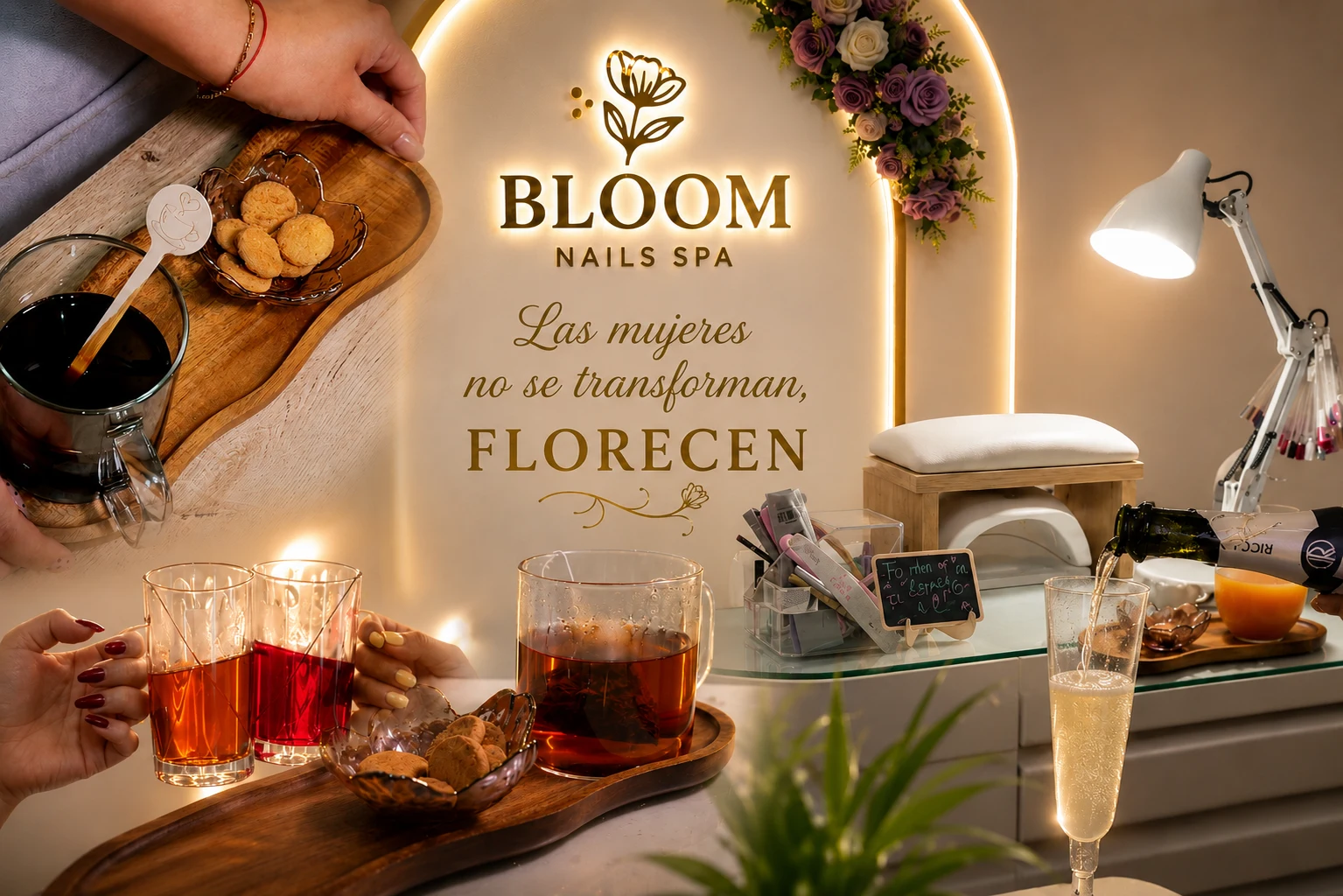 Bloom Nails Spa experience con bebida, galletas y ambiente elegante
